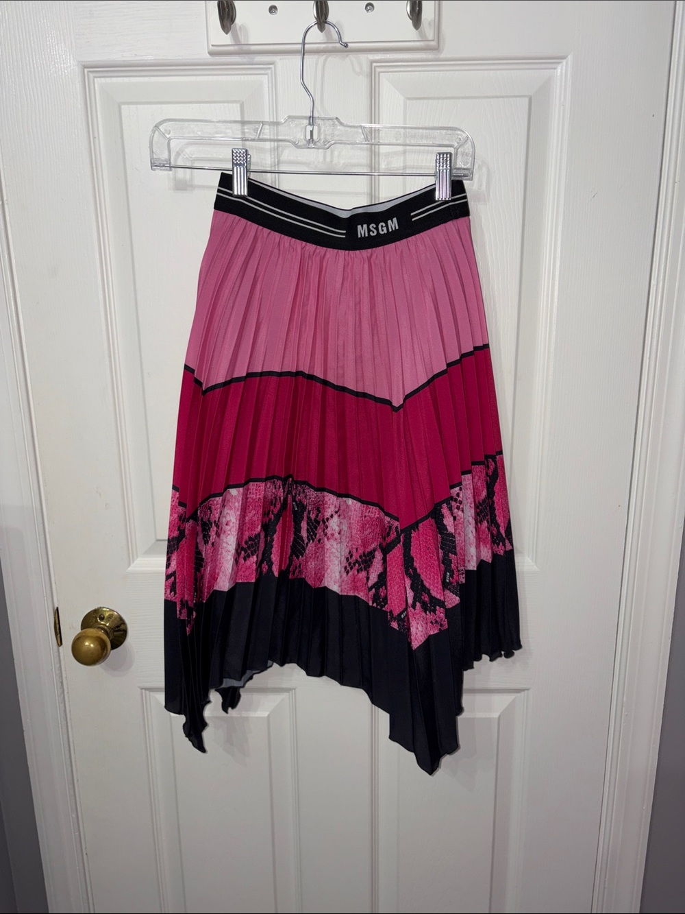 MSGM Pink & Black Asymmetrical Pleated Midi Skirt